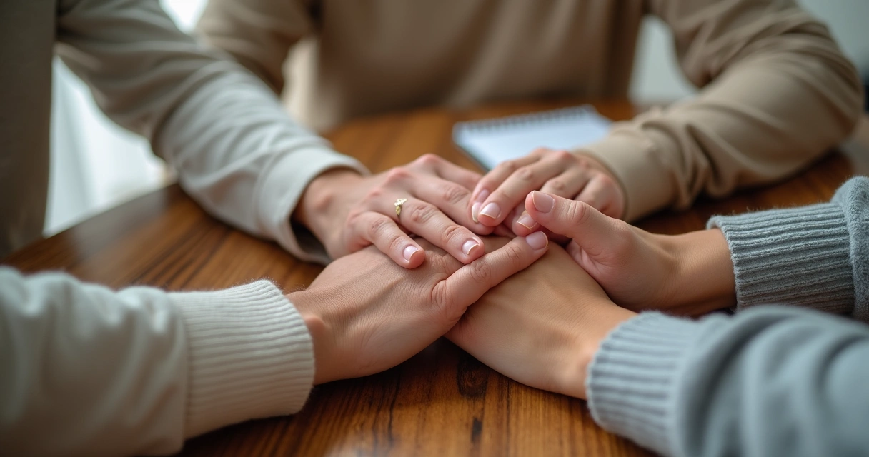 Manos entrelazadas en gesto de apoyo entre varias personas
