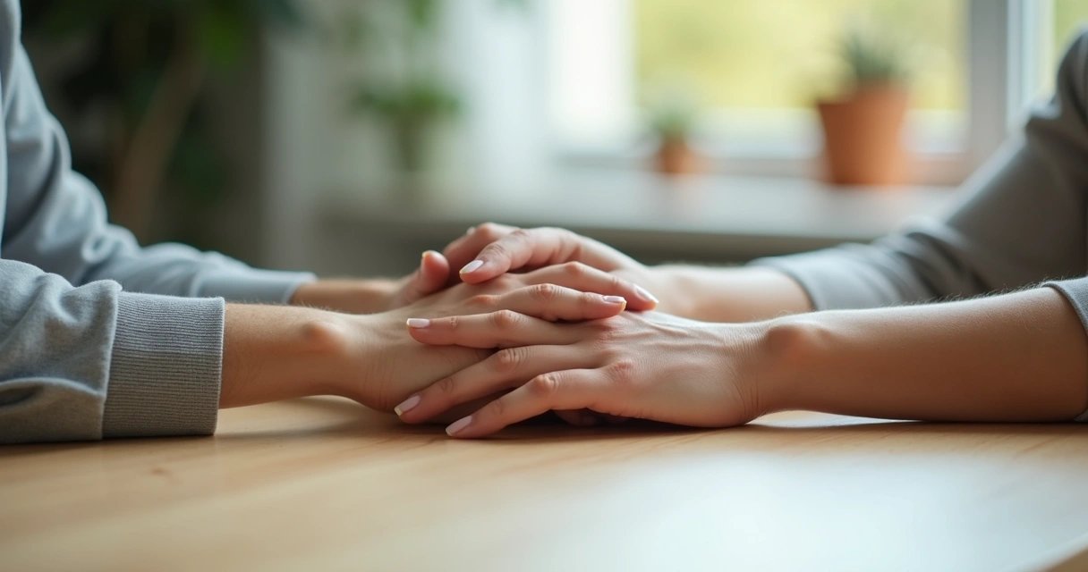 Dos manos juntas en gesto de apoyo sobre una mesa clara
