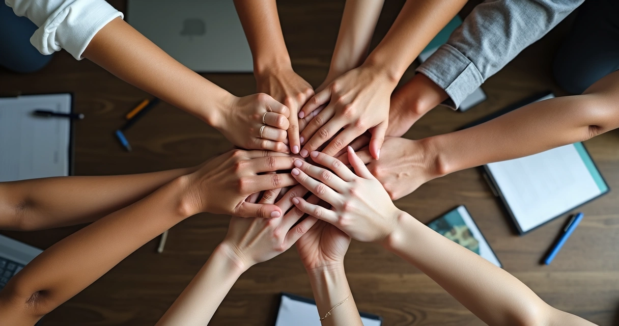 Varias manos unidas en señal de colaboración
