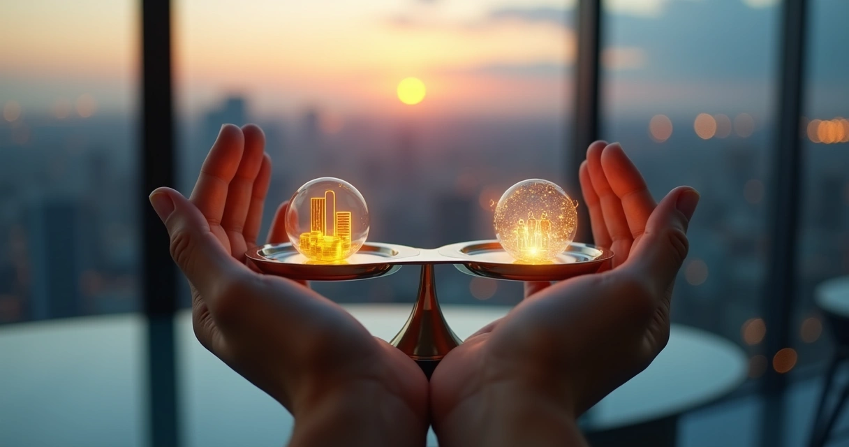 Manos sosteniendo una balanza luminosa sobre una ciudad al atardecer 