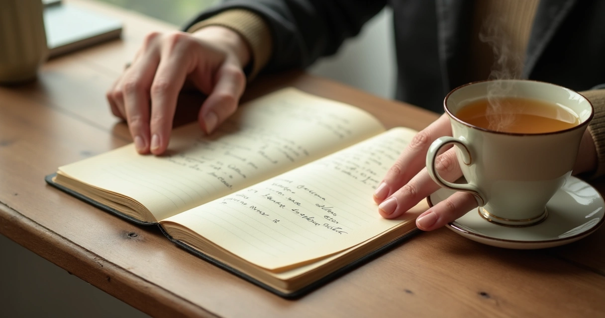Manos junto a un cuaderno durante una pausa de respiración consciente