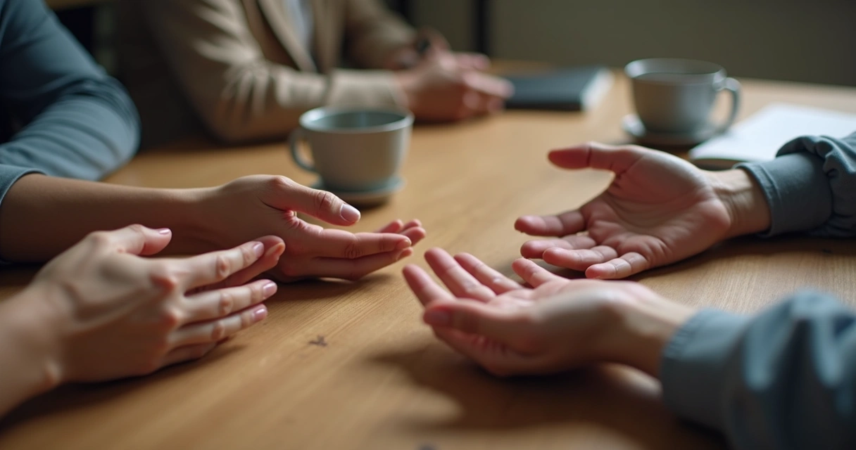 Manos unidas sobre mesa durante diálogo honesto
