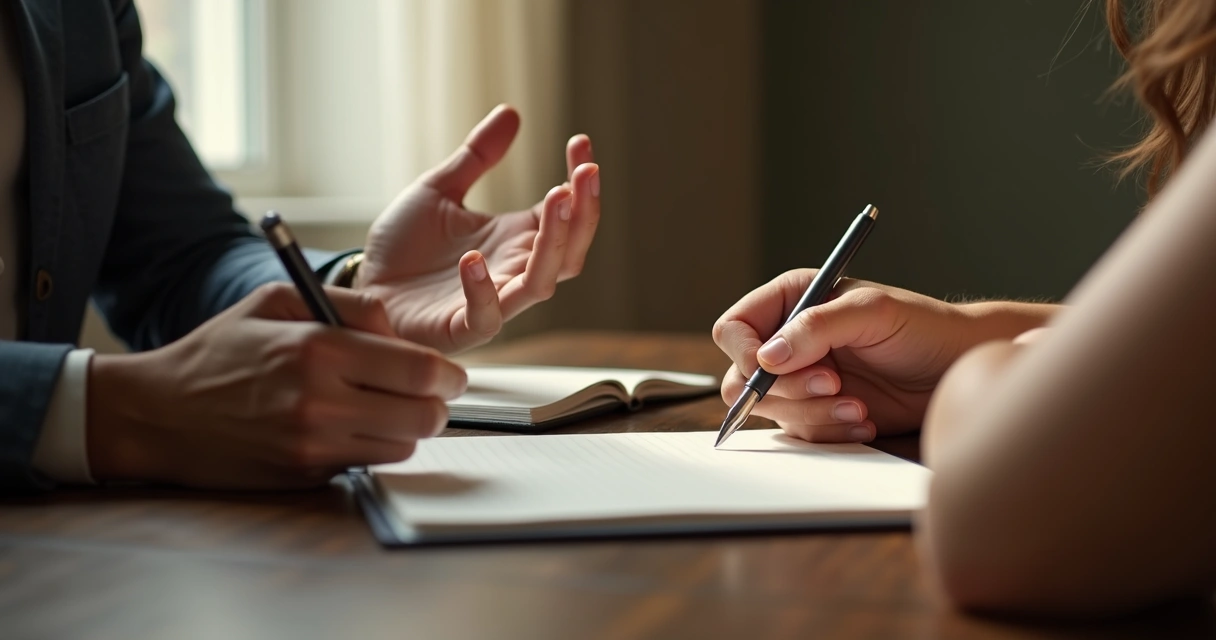Dos manos cerca de un cuaderno durante un diálogo emocional 