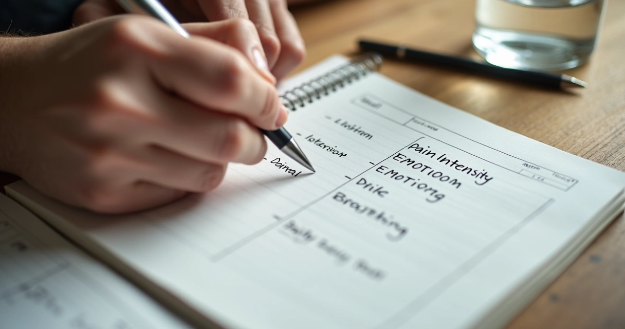 Manos escribiendo en un cuaderno sobre dolor y emociones
