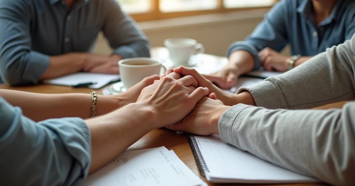 Manos unidas sobre una mesa de trabajo compartida