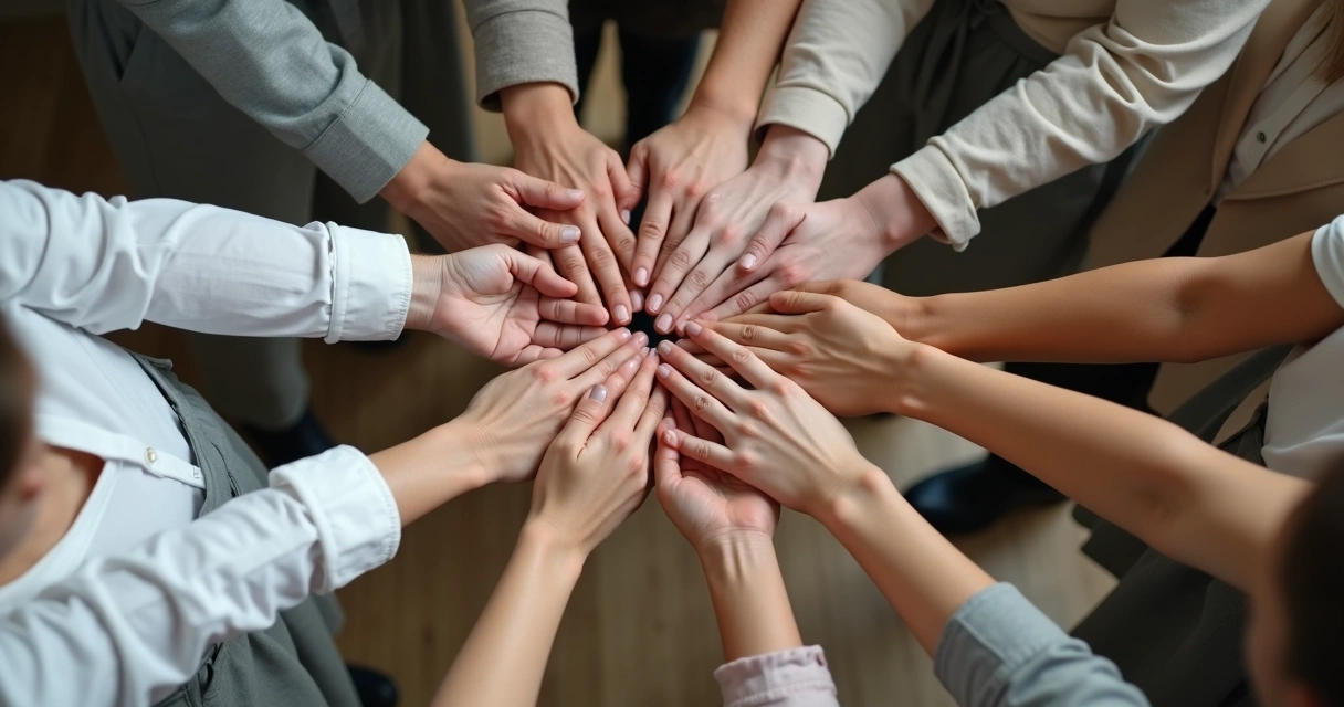 Manos de varias personas unidas en el centro de un círculo. 
