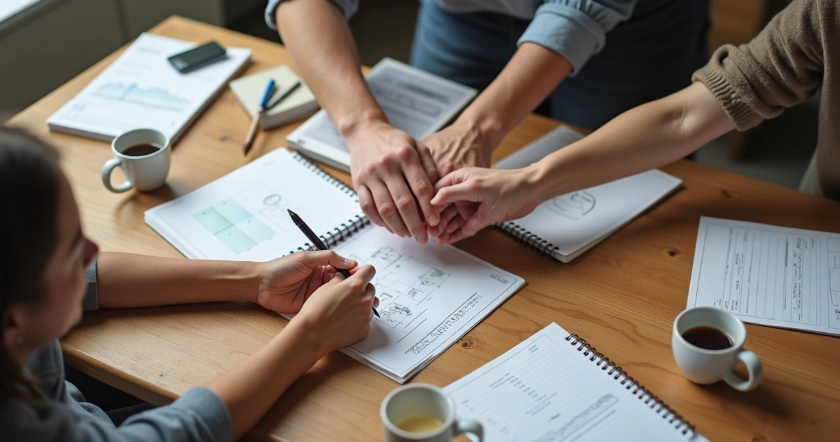 Manos unidas sobre una mesa con cuadernos y café