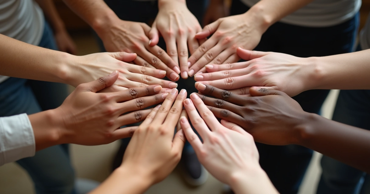 Manos unidas de diferentes personas formando un círculo 