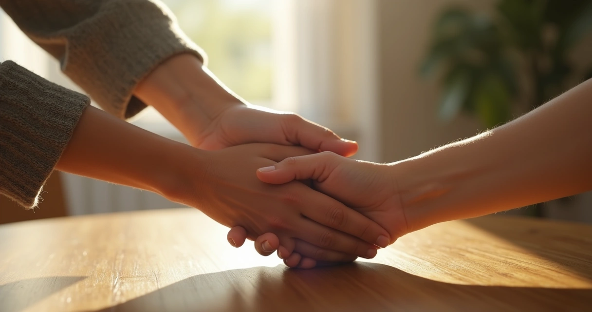 Manos de dos personas entrelazadas en gesto de apoyo 