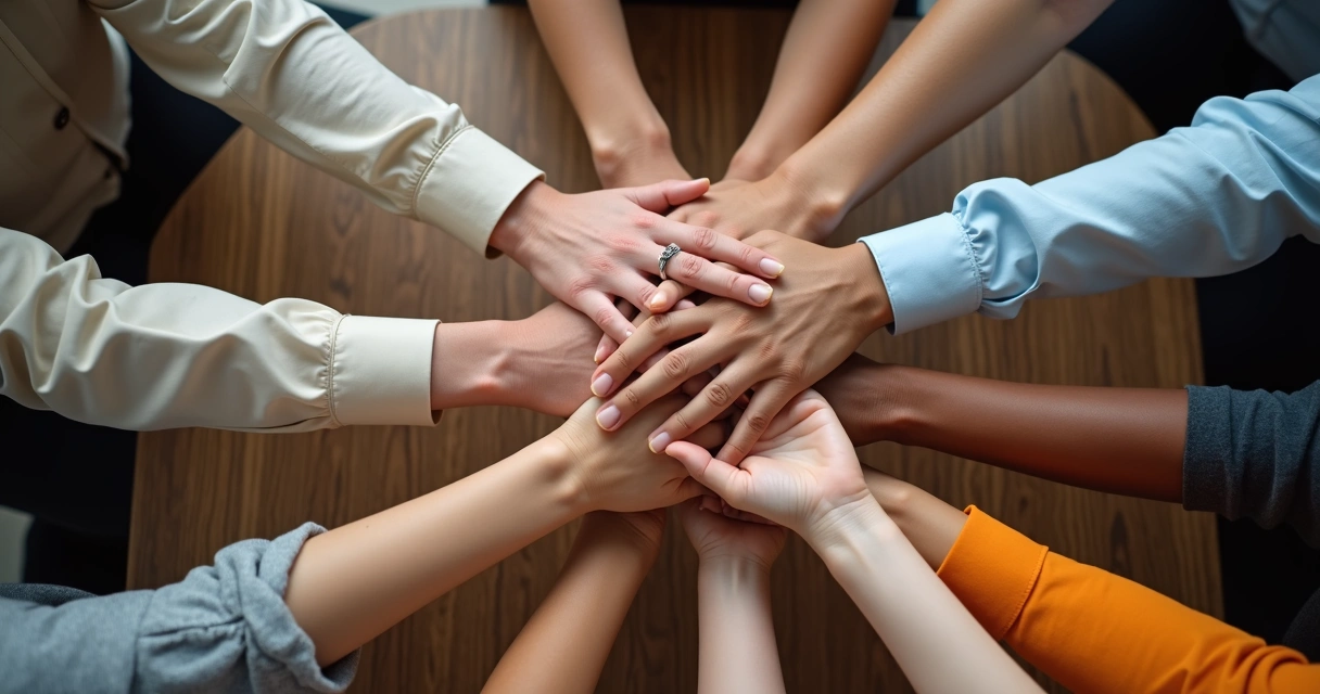 Grupo de manos de varios compañeros unidas en el centro de la mesa