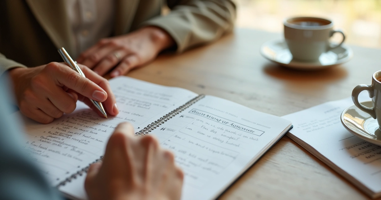 Manos escribiendo acuerdos en una libreta sobre una mesa 