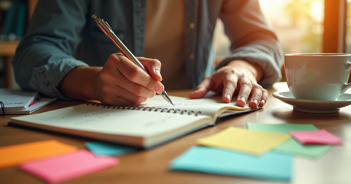 Manos escribiendo en diario personal sobre crecimiento emocional 
