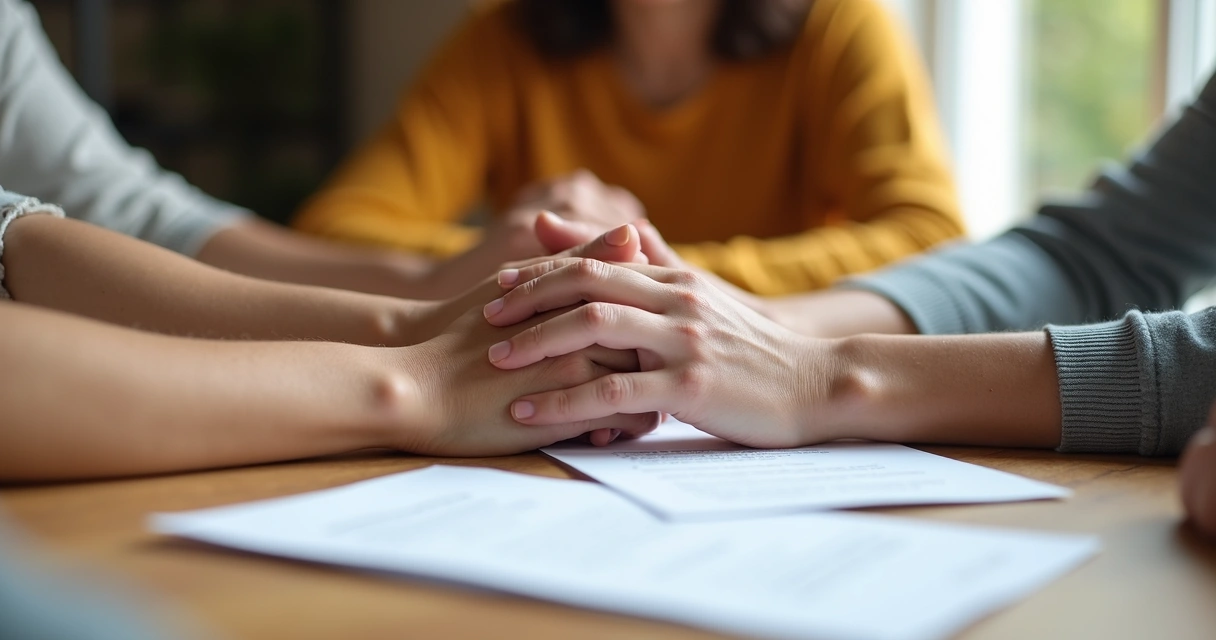 Manos de varias personas sobre una mesa durante un acuerdo familiar 
