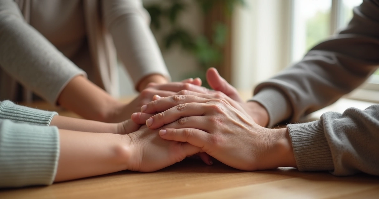 Manos de familiares unidas en gesto de apoyo