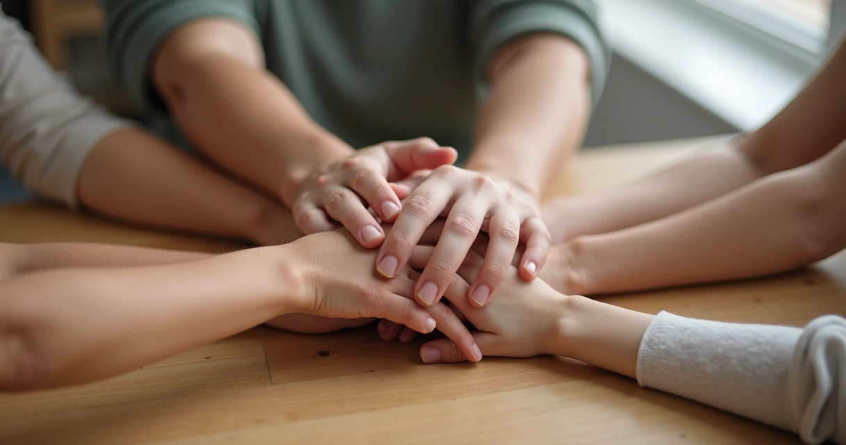 Manos de varios familiares unidas sobre una mesa de madera 