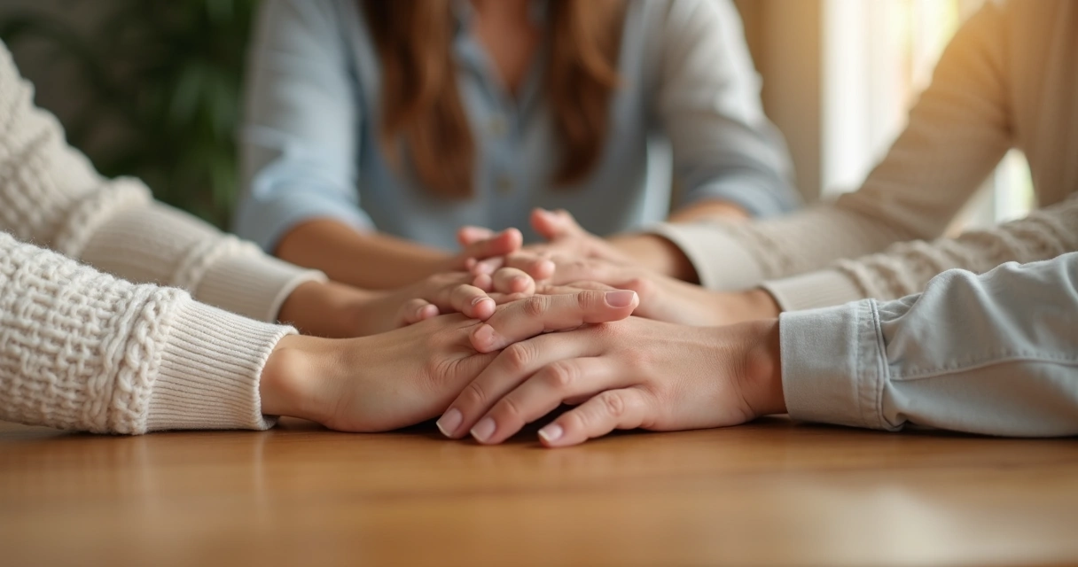 Manos de una familia unidas sobre una mesa