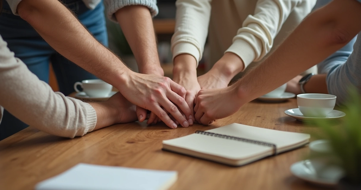 Manos de una familia unidas sobre una mesa