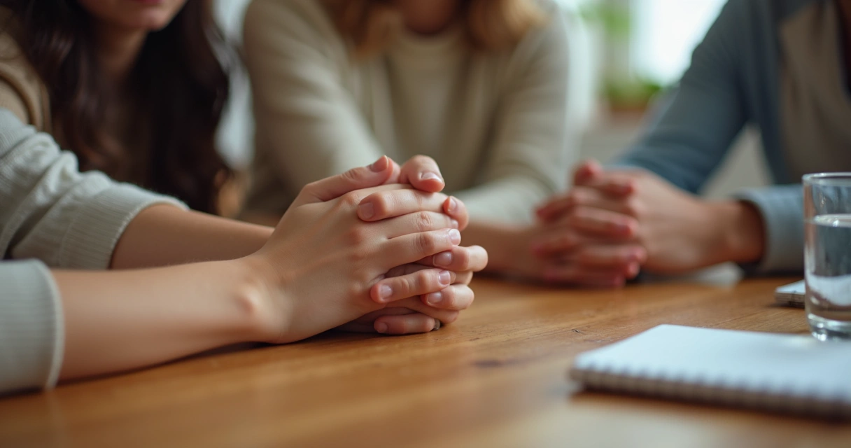 Manos de familia en pausa sobre una mesa
