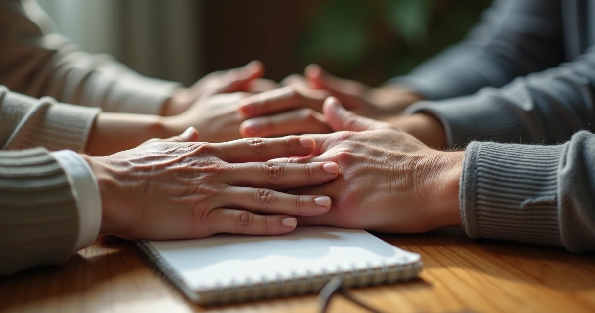 Manos de distintas generaciones unidas sobre una mesa 