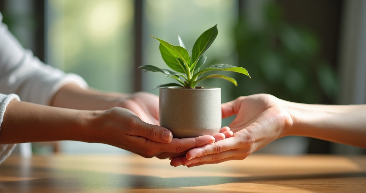 Dos manos intercambiando una planta pequeña con equilibrio
