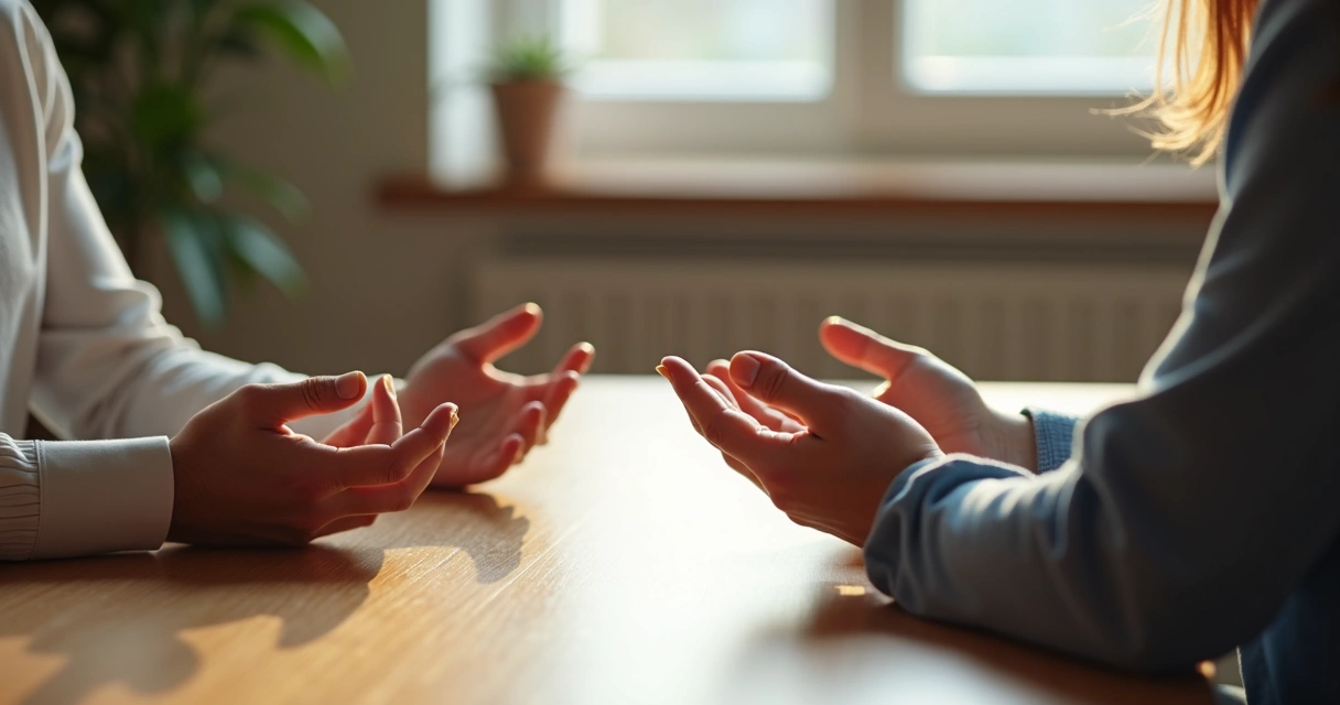 Manos de una pareja frente a frente sobre una mesa