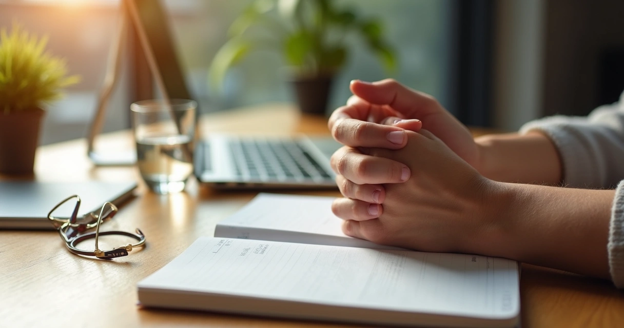 Manos sobre el escritorio durante una pausa consciente en la jornada laboral