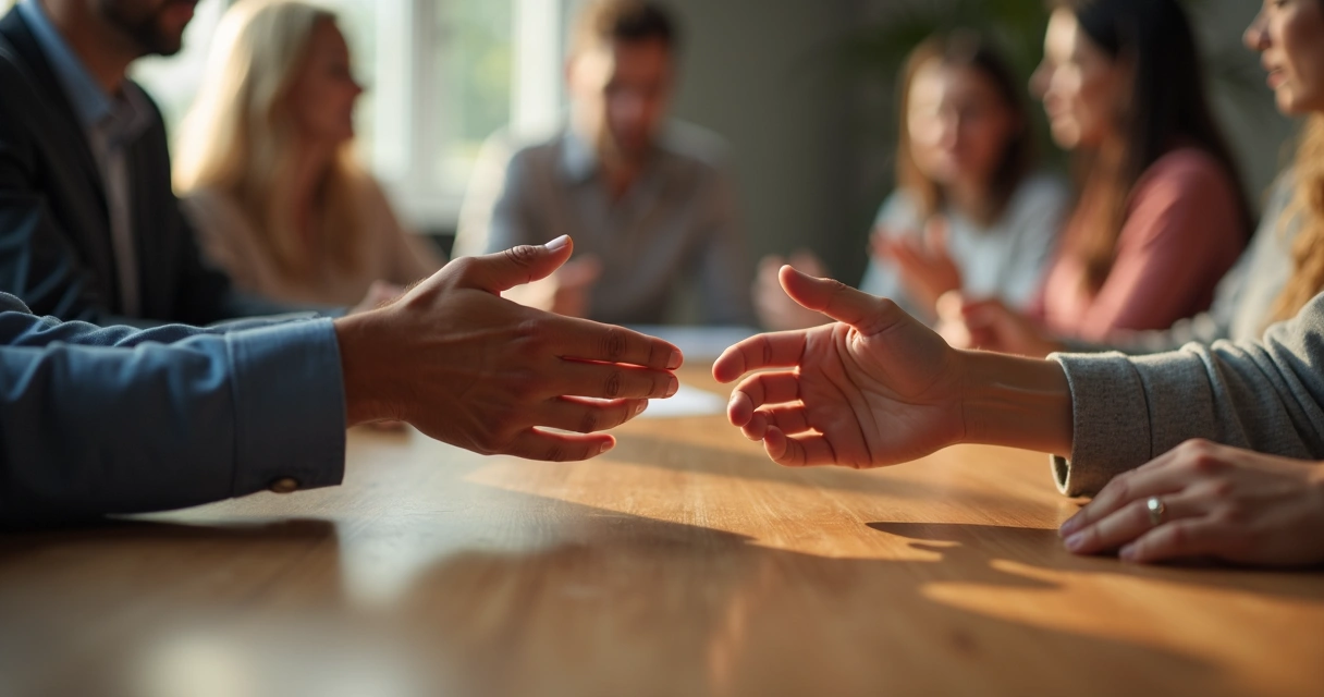 Dos manos acercándose en un encuentro de reconciliación 