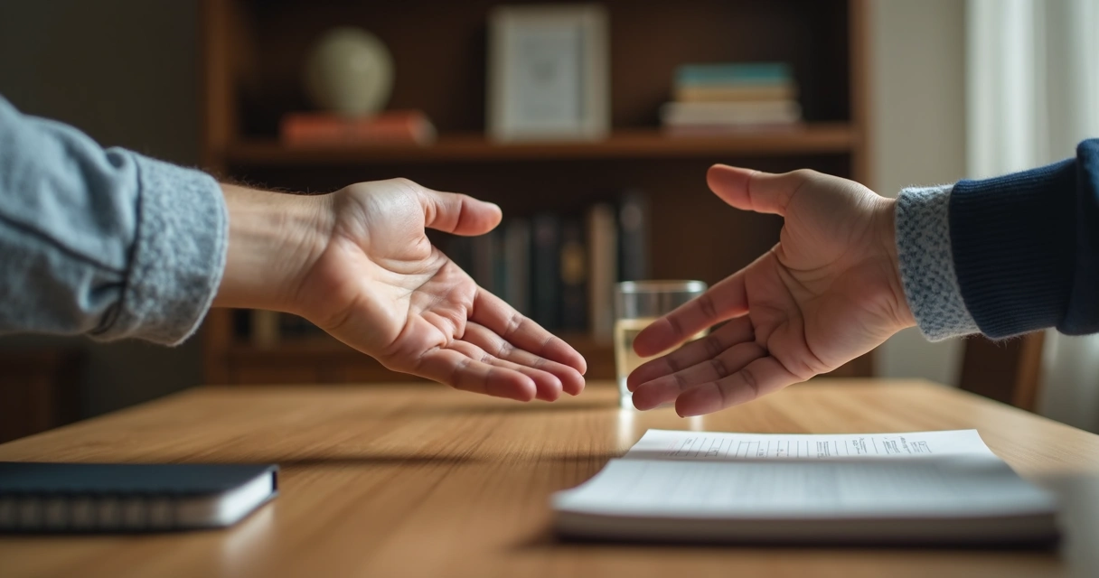 Dos manos acercándose sobre una mesa durante una reconciliación