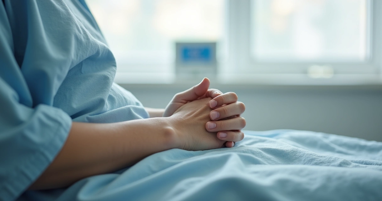 Manos en pausa de respiración junto a cama hospitalaria
