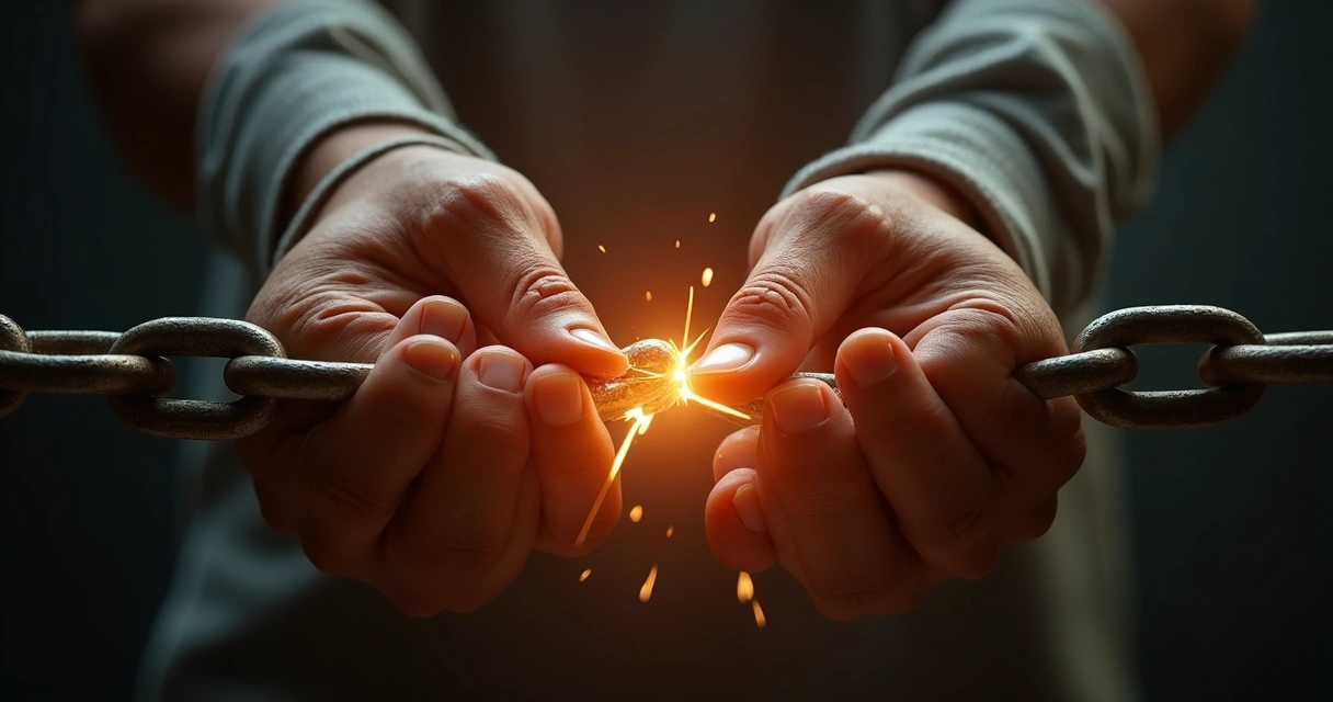 Manos rompiendo una cadena con luz al fondo 