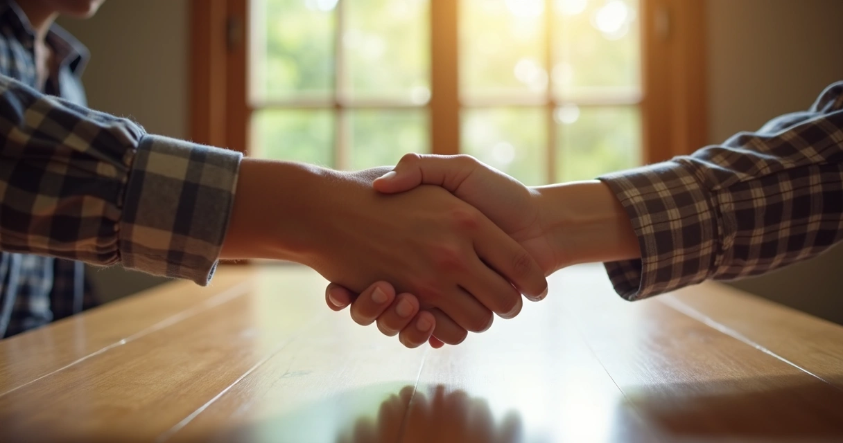 Dos personas estrechando manos sobre una mesa 