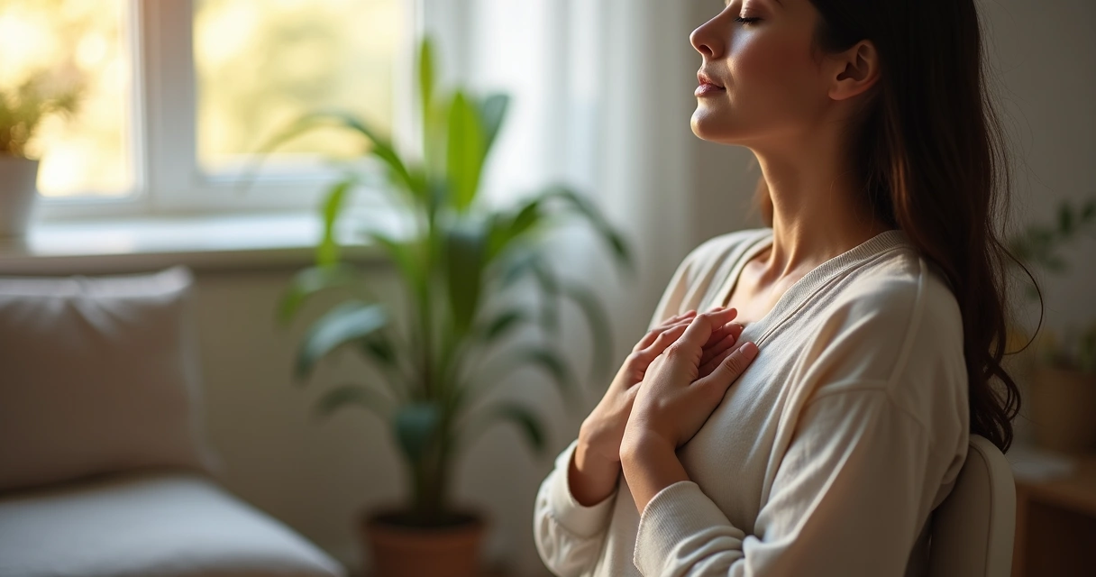 Persona con manos sobre el pecho practicando respiración consciente 