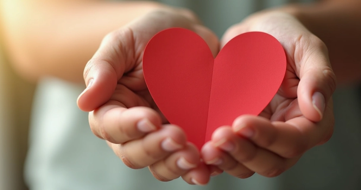 Manos sosteniendo un corazón de papel rojo 