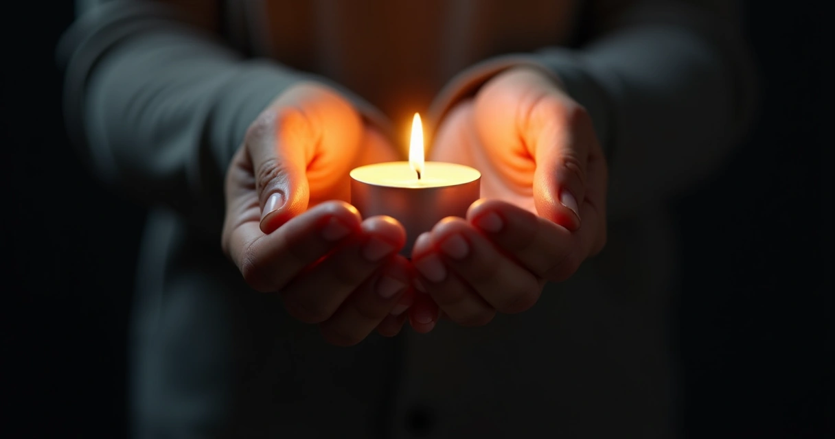 Manos sosteniendo una pequeña vela encendida en la oscuridad 