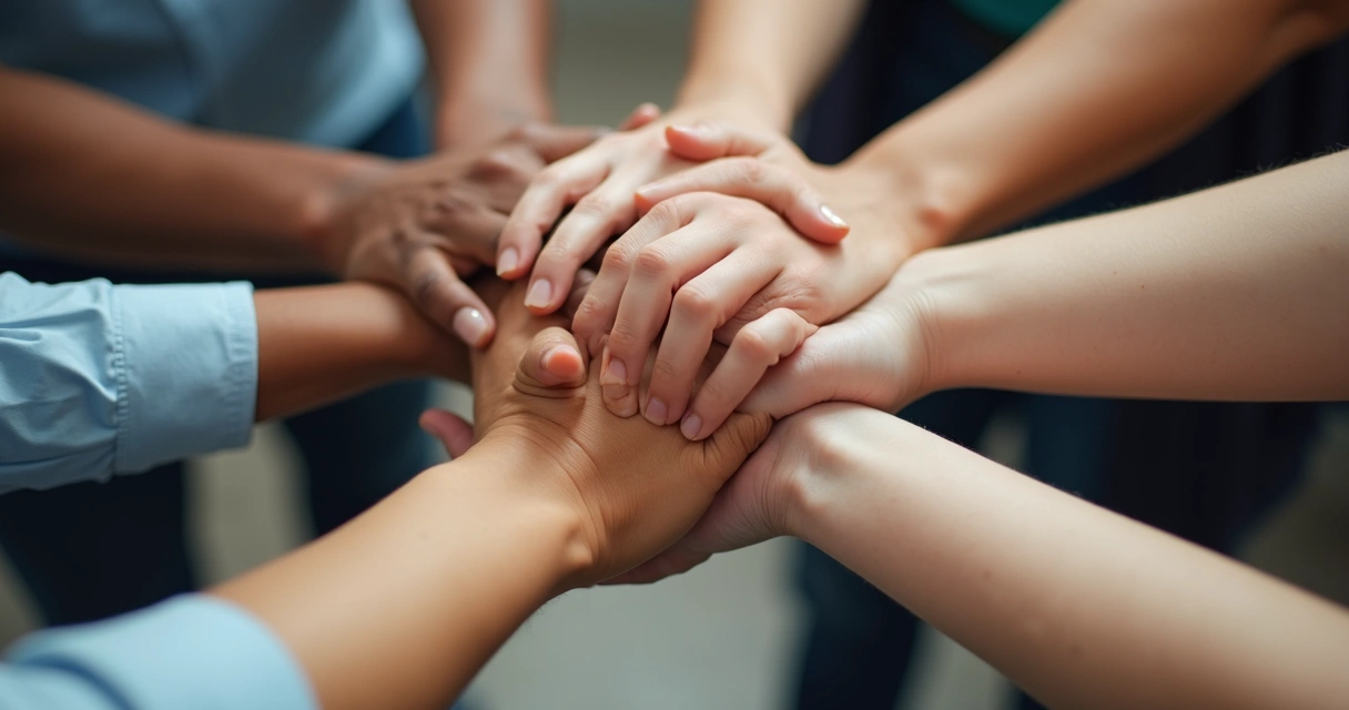 Varias manos unidas en el centro representando trabajo en equipo y unidad 
