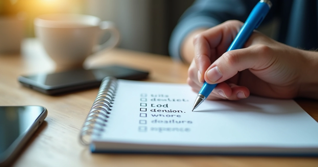 Manos escribiendo una lista de decisiones en una libreta con bolígrafo azul