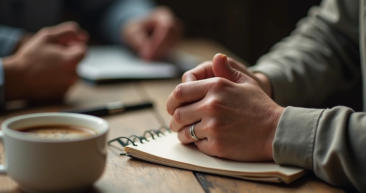Manos de trabajo junto a un cuaderno durante una conversación de apoyo 