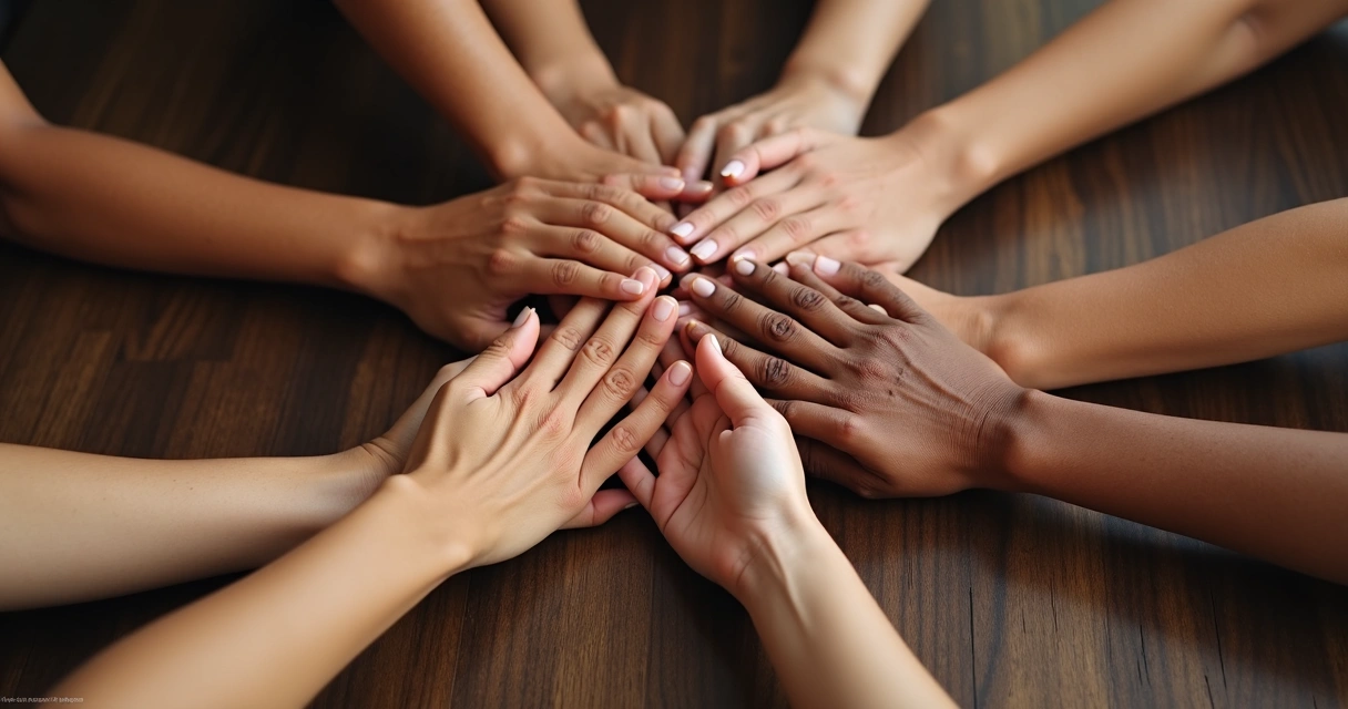 Manos unidas de distintas personas en círculo.