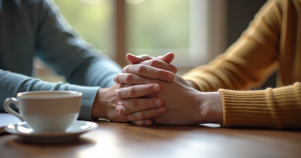 Manos de dos personas unidas sobre una mesa, en signo de apoyo y diálogo 