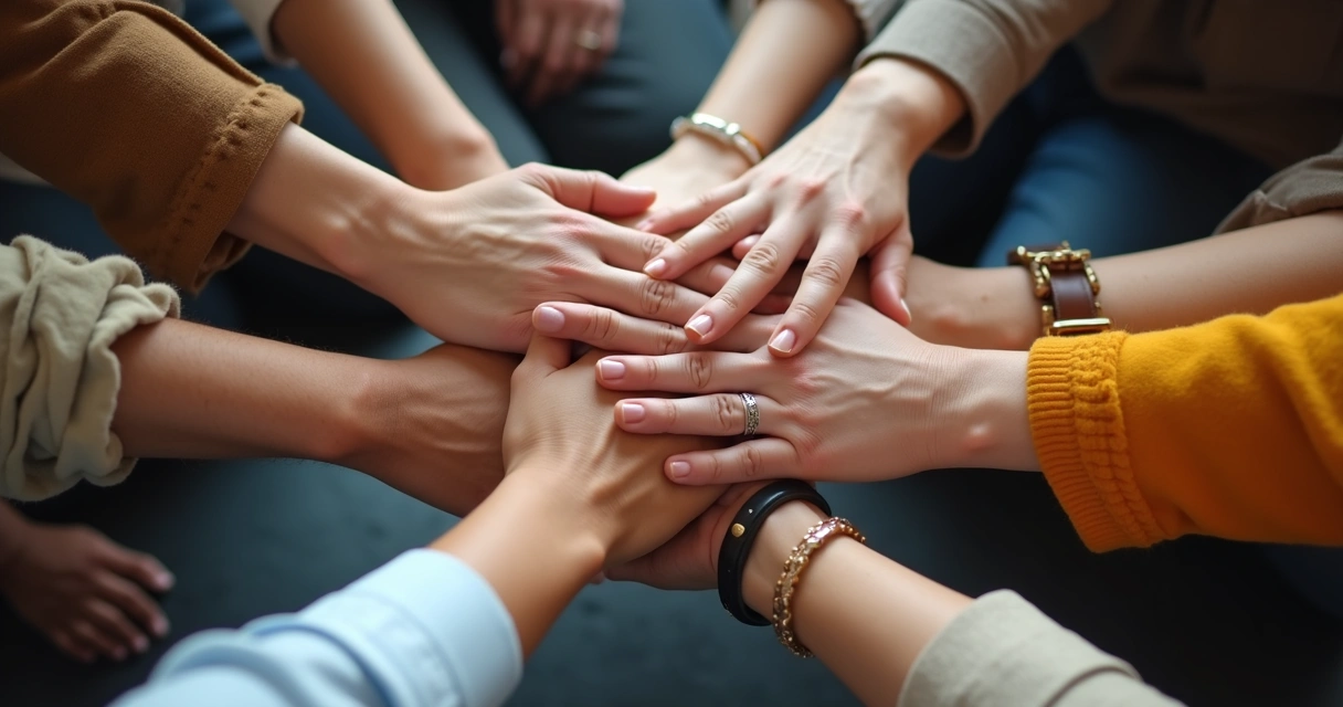 Varias manos de personas diversas unidas en el centro de la imagen