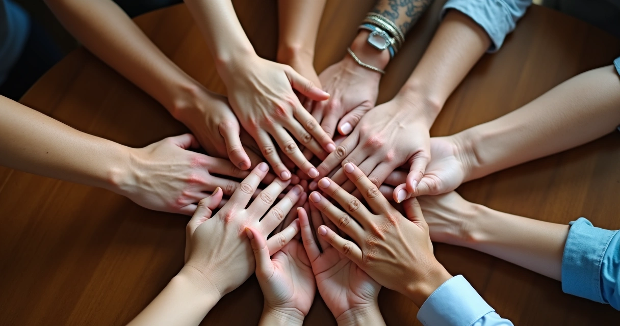 Varias manos unidas formando un círculo.