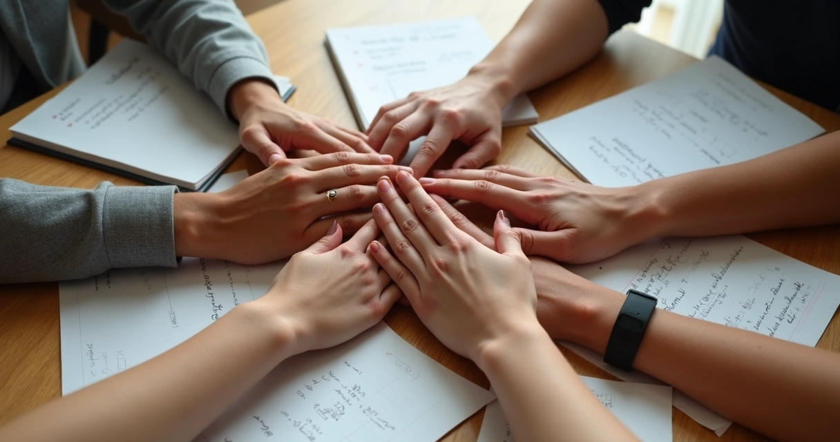 Manos diversas unidas sobre una mesa de trabajo