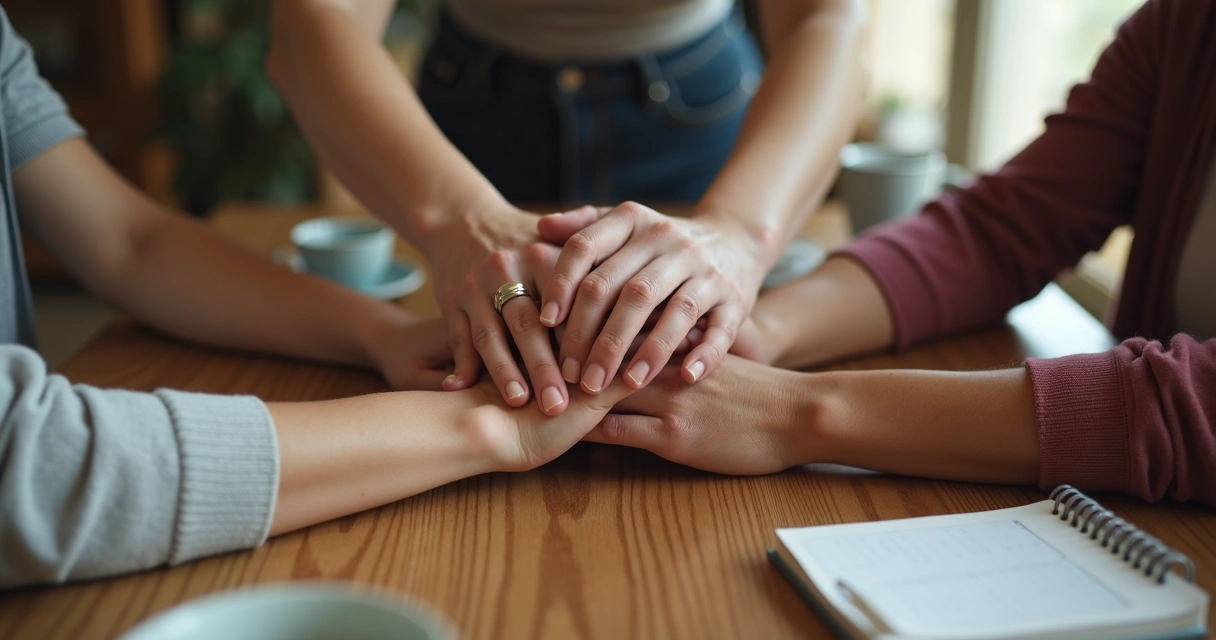 Manos de familiares unidas sobre una mesa
