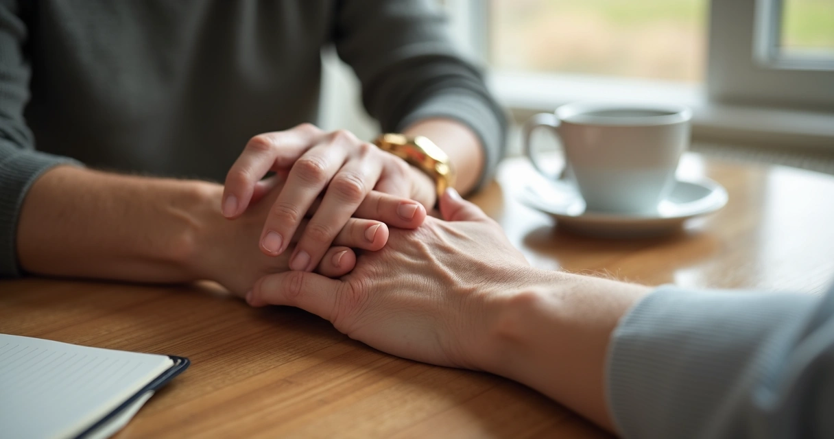 Manos de una pareja unidas sobre una mesa de madera
