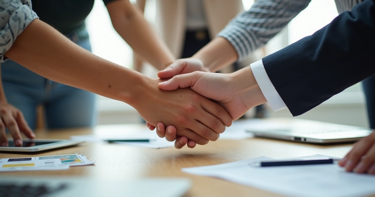 Manos de un equipo de empleados unidas en el centro de una mesa de trabajo 