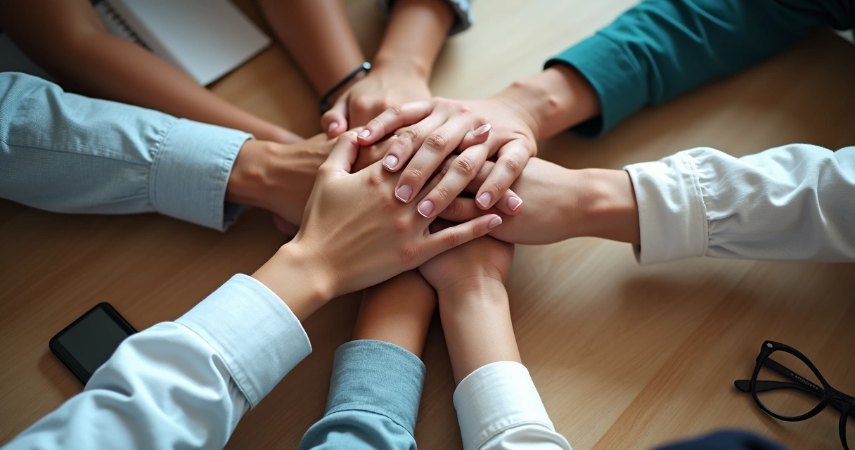 Manos de varias personas unidas en el centro de una mesa de trabajo 
