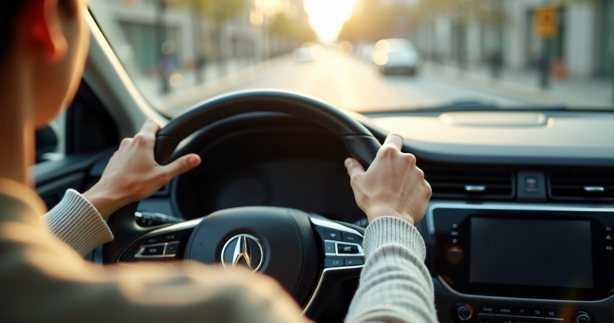 Manos sobre el volante con luz suave en el interior del auto 