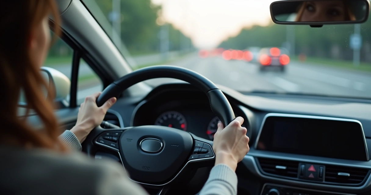 Manos sobre el volante en tráfico urbano suave 