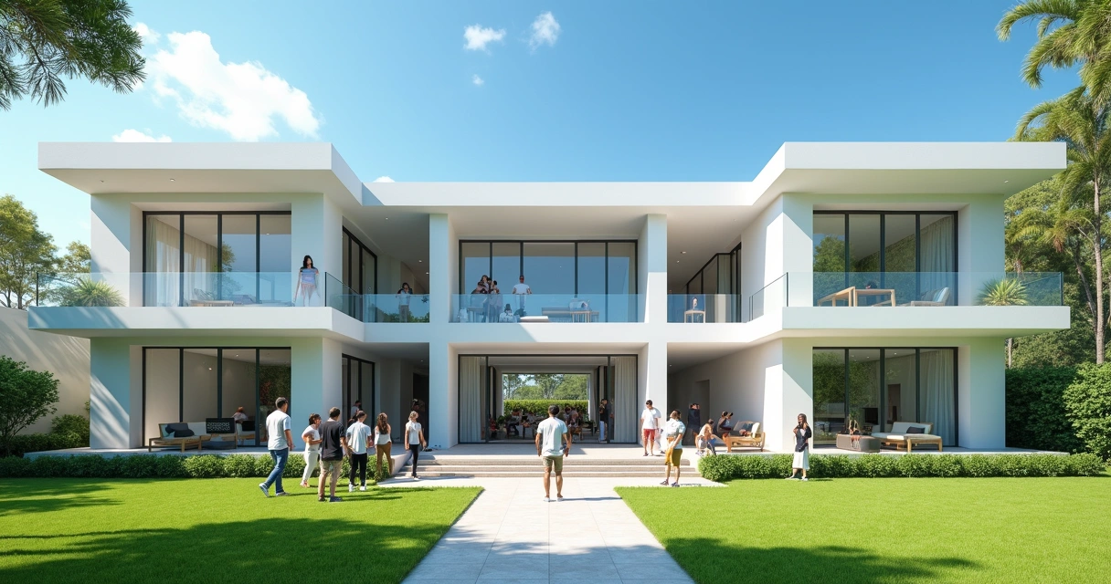 Fachada da Mansão Maromba com fãs e Toguro posando na frente 