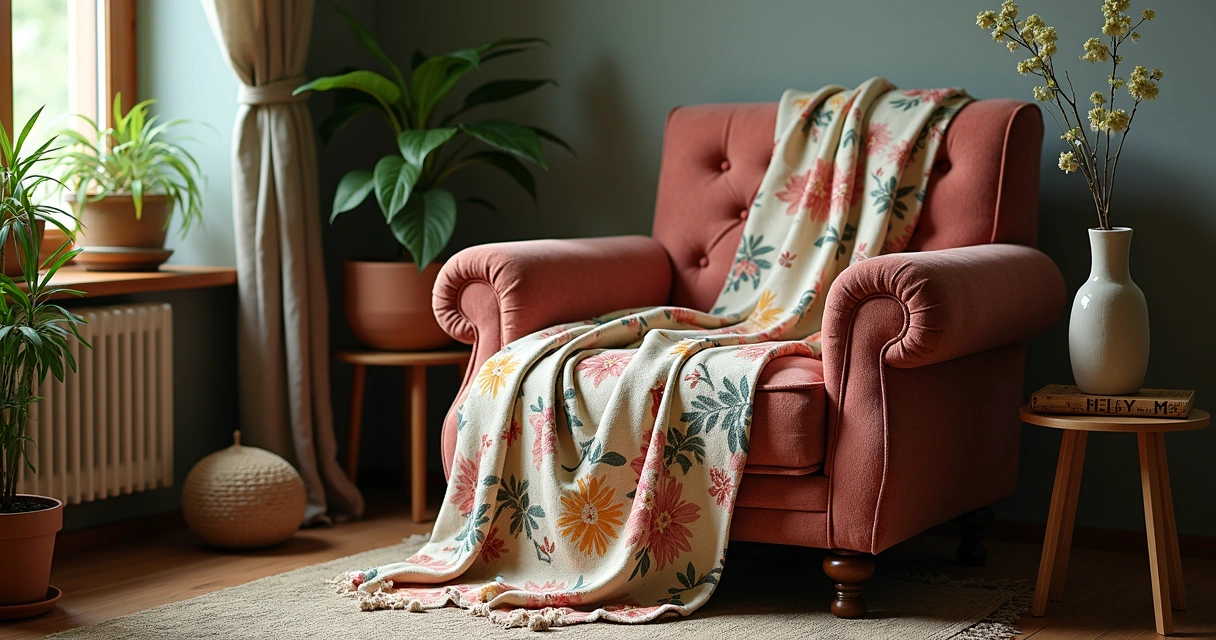 Manta floral aplicada sobre poltrona decorativa 